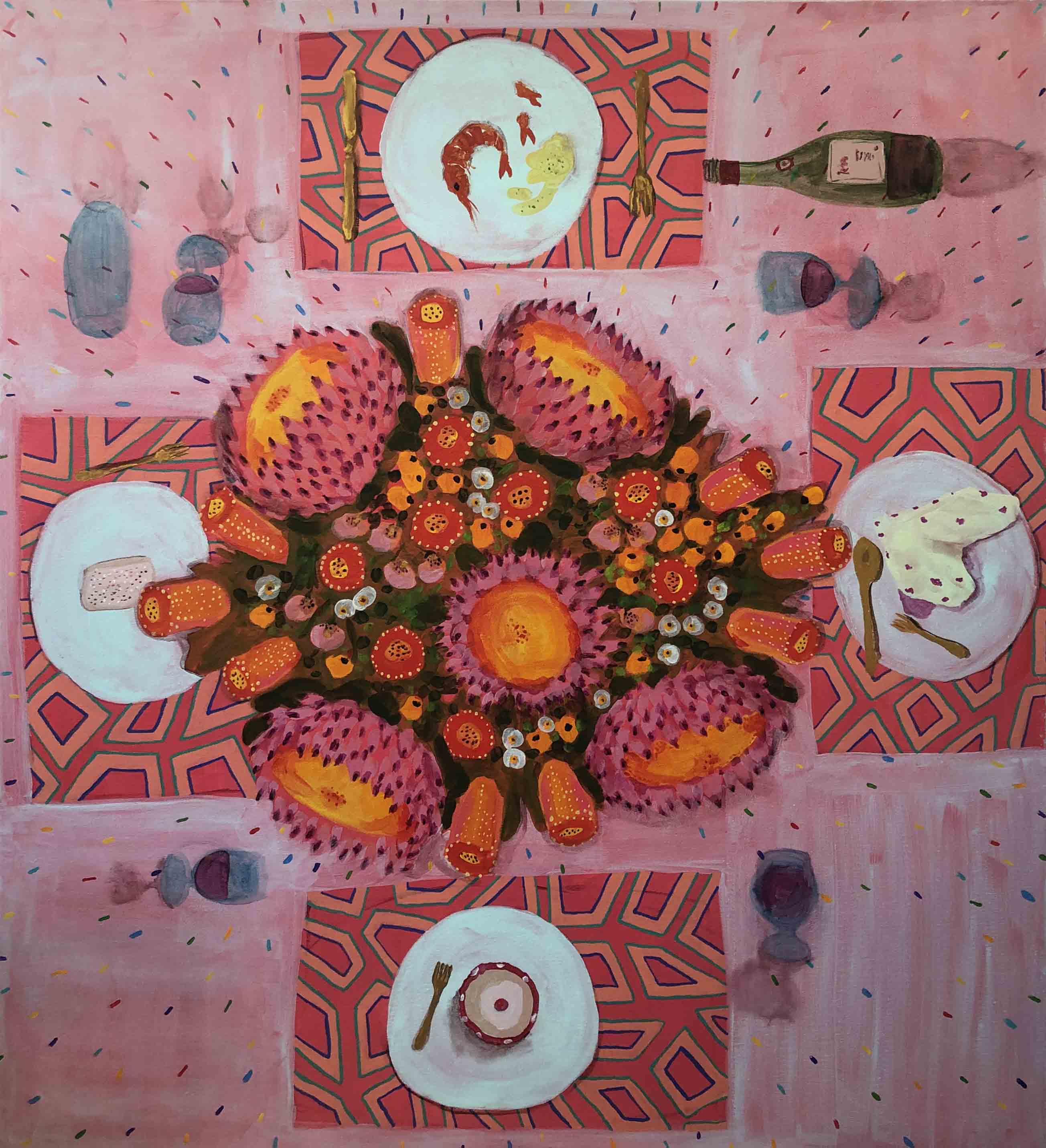 Wine, Prawns, Cake and Flowers (sold)